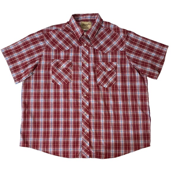 Wrangler Western Red Plaid Pearl Snap Cowboy Shirt Short Sleeve Mens Size 2XL - Picture 2 of 12